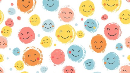Cute hand drawn smiley faces pattern with colorful circles on white background