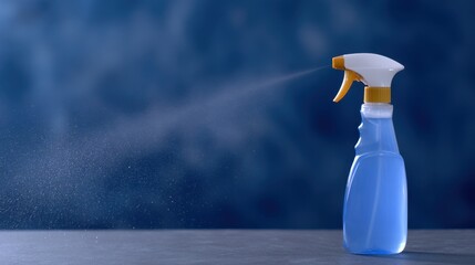 Action of rotating spray bottle creating splash effect in mid-air against a blue background