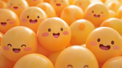 Happy yellow smiling and laughing faces with various face emotions and expressions on warm orange background