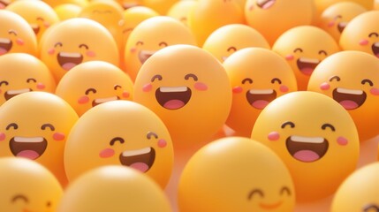 Happy yellow smiling and laughing faces with various face emotions and expressions on warm orange background