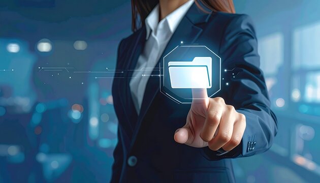 Businesswoman interacting with a digital file folder icon on a touch screen interface