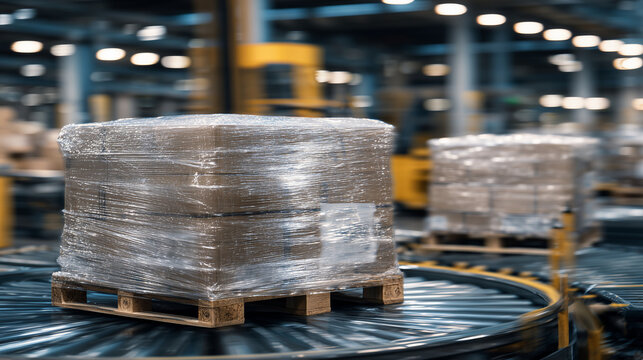 A clean organized warehouse setting where an automated wrapping machine spins pallets, stretchwrap film stretched thin and tight, strong highlights accentuating film pressure and s