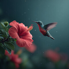 Obraz premium A vibrant hummingbird sips nectar from a blooming hibiscus. Symbolizing beauty, nature, and delicate balance. Perfect for projects needing a touch of elegance wonder.
