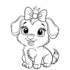 Cute girl dog with a bow on her head. A little puppy. Isolated illustration of a dog on a white background in line art style. Illustration for coloring books and children's product design.