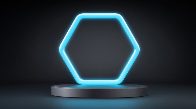 Futuristic Neon Hexagon Shape Display on Dark Background for Technology, Design, and Creative Presentations, 3D Rendered with Soft Lighting Effects