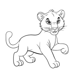 A cute little lioness. Isolated illustration of a lion cub on a white background in line art style. Illustration for coloring books and children's product design.