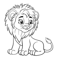 A cute little lion cub. Isolated illustration of a lion on a white background in line art style. Illustration for coloring books and children's product design.