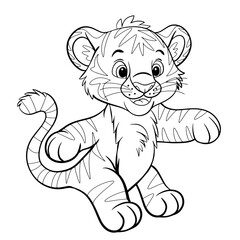 A cute little tiger cub. Isolated illustration of a tiger on a white background in line art style. Illustration for coloring books and children's product design.