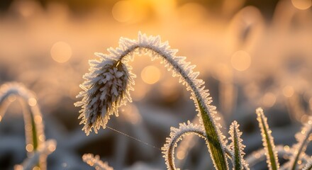 Golden Sunrise Illuminates Frosted Grass in Winter Morning