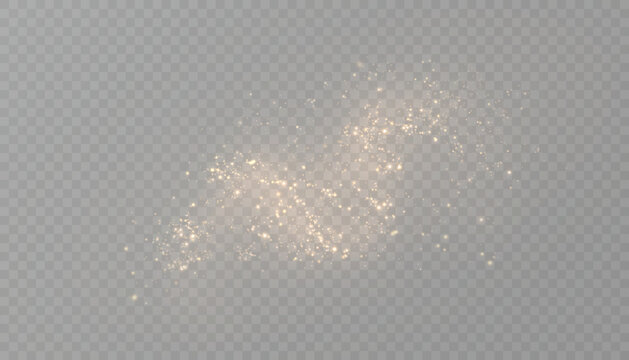Golden shimmering particles and sparks of light dust on a transparent background. Suitable for festive designs, magical effects, glow effects, New Year's and wedding decorations.