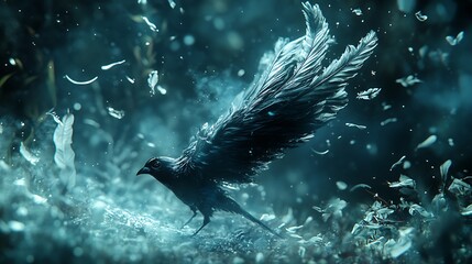 Mystical avian figure with plumage wings in a celestial ethereal environment