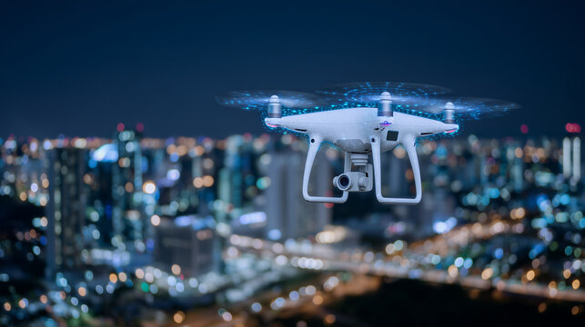 Close-up perspective of an infrared drone hovering above a commercial site, digital permit overlays visible in glowing graphics, nighttime ambient light casting subtle reflections