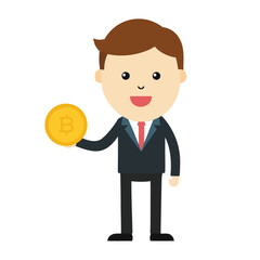 A cheerful businessman holding a bitcoin isolated on white background, representing cryptocurrency