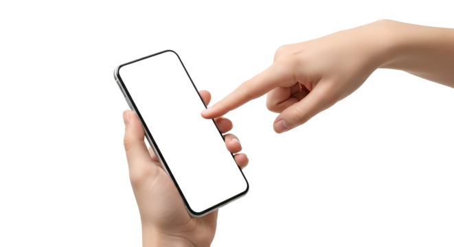Hand Holding Smartphone with Blank Screen for App UI Presentation Digital Touchscreen Device Human Finger Pointing on Mobile Phone Isolated on Black Background Cellphone Interface Demo Mockup
