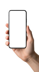 Hand Holding Mobile Device Smartphone Mockup with Blank White Screen for App Design Showcase or Interface Presentation User Experience in Modern Communication Technology Tool Isolated against Black