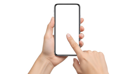Interactive mobile experience display showcasing a modern smartphone with a blank screen held and touched by elegant hands promoting user engagement and innovative mobile technology solutions for
