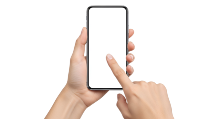 Interactive mobile experience display showcasing a modern smartphone with a blank screen held and touched by elegant hands promoting user engagement and innovative mobile technology solutions for