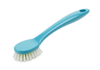 Isolated turquoise cleaning brush with bristles for washing and scrubbing utensils, home equipment