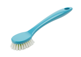 Isolated turquoise cleaning brush with bristles for washing and scrubbing utensils, home equipment