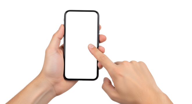 Modern Smartphone in Hand with Blank White Screen ready for App Showcase and Website Mockup featuring User Interaction and Touch Gesture for Digital Marketing and Technology Promotion on Isolated