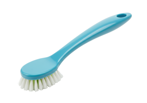 Isolated turquoise cleaning brush with bristles for washing and scrubbing utensils, home equipment - Powered by Adobe