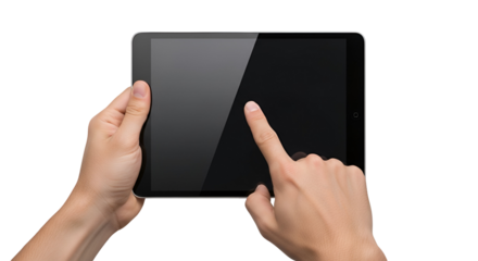 Hands navigating digital tablet with sleek design showcasing modern technology in human interaction for app exploration and browsing on electronic device displaying portable connectivity and touch