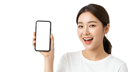Fototapeta premium Cheerful Asian Woman Showcasing Blank Smartphone Screen Empowering Mobile Technology Solutions For Business Communication And Innovative App Advertising Reaching Global Audiences with Seamless
