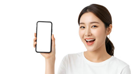 Cheerful Asian Woman Showcasing Blank Smartphone Screen Empowering Mobile Technology Solutions For Business Communication And Innovative App Advertising Reaching Global Audiences with Seamless