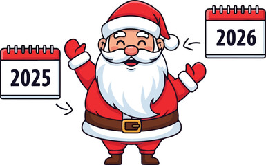Santa claus with 2025 and 2026 calendars isolated on transparent background