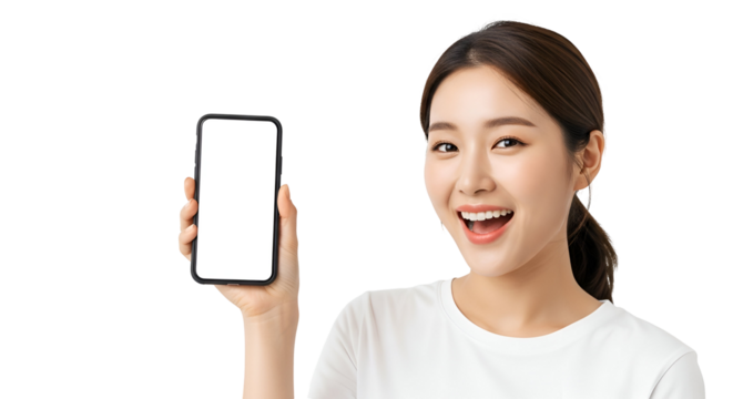 Cheerful Asian Woman Showcasing Blank Smartphone Screen Empowering Mobile Technology Solutions For Business Communication And Innovative App Advertising Reaching Global Audiences with Seamless