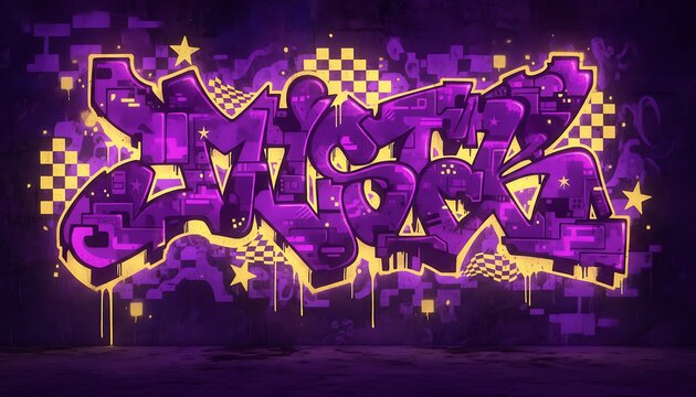 Vibrant purple and yellow wildstyle graffiti lettering glowing on a dark urban wall at night. Modern street art mural with a dynamic and futuristic aesthetic