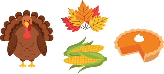 Thanksgiving elements including turkey, leaves, corn, and pumpkin pie