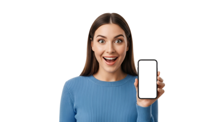 Thrilled Brunette Presenting Mobile Phone with Empty White Screen Excitement in Her Eyes Showcasing Apps and New Technologies Happy Female Holding Modern Smartphone for Promotions and Mobile