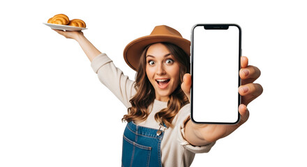 Enthusiastic woman with hat presents blank mobile screen while holding croissants offers mobile app pastry shop discounts and exclusive deals on pastries bakery products modern technology