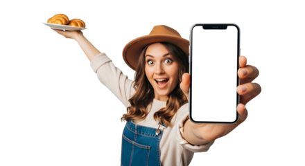 Enthusiastic woman with hat presents blank mobile screen while holding croissants offers mobile app pastry shop discounts and exclusive deals on pastries bakery products modern technology