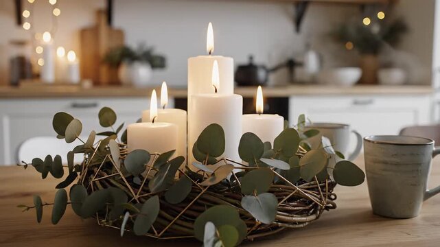 Elegant candles with eucalyptus leaves on wooden table in cozy kitchen  
