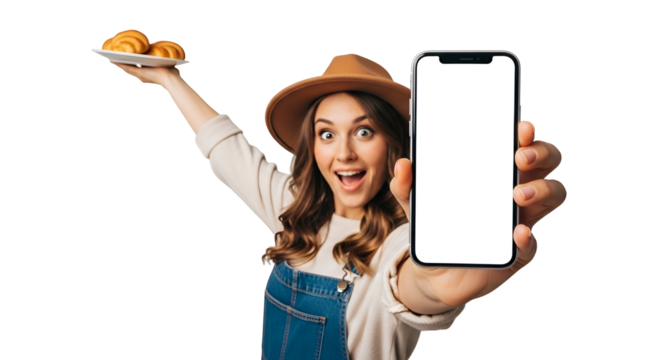 Enthusiastic woman with hat presents blank mobile screen while holding croissants offers mobile app pastry shop discounts and exclusive deals on pastries bakery products modern technology