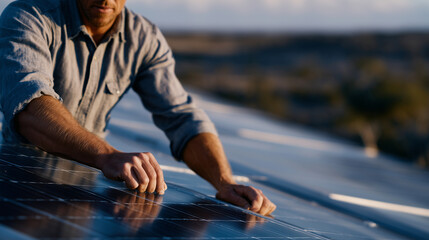 Medium shot capturing hands adjusting mixed rooftop solar panels on sloped and flat roof surfaces, sunlight reflecting off the panels, precise alignment for maximum energy absorpti