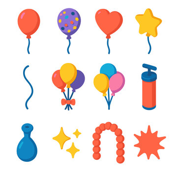 Vibrant Balloon Icons. Party Balloon Set modern flat icon set: helium balloon, confetti balloon, heart balloon, star balloon, ribbon string, balloon bouquet, floating bunch, air