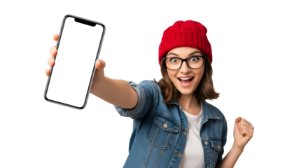 Enthusiastic Young Woman Showcasing Smartphone with Blank Screen for App Promotion or Mobile Engagement Red Beanie Denim Jacket Eyeglasses Presenting Mockup Positive Mobile Technology Device