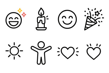 Joyful Celebration Icons. Happy Moments outline icon set: laughter, colorful sparkles, candles, joyful faces, celebration confetti, sunshine, open arms, glowing hearts.