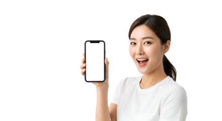 Cheerful Asian Woman Showcasing Mobile Phone Technology with Blank Screen Display for App Advertisement or Digital Marketing Presentation User Interface Promotion Mockup and Smiling Expression