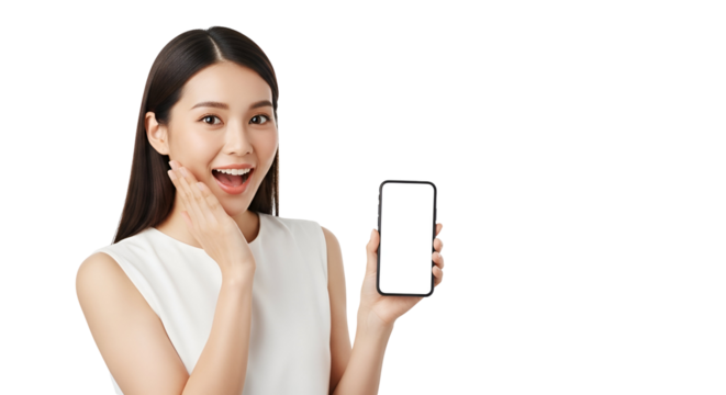 Excited Asian Woman Displaying Smartphone with Blank Screen for Mockup Templates Advertising New Mobile Application in Isolated Shot Presents Communication Technology Solution and Information
