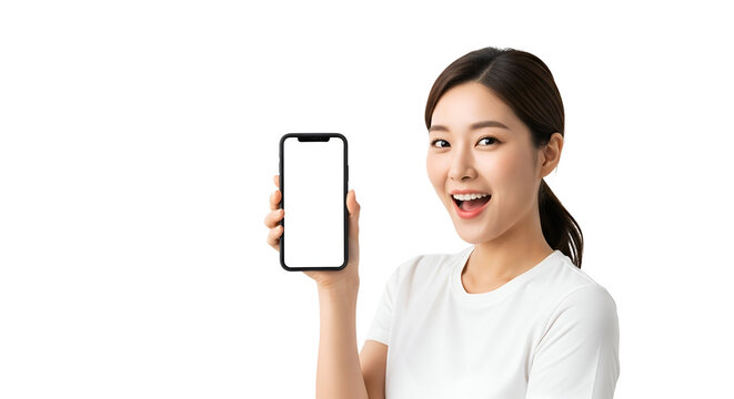 Cheerful Asian Woman Showcasing Mobile Phone Technology with Blank Screen Display for App Advertisement or Digital Marketing Presentation User Interface Promotion Mockup and Smiling Expression
