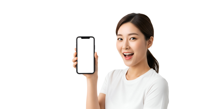 Cheerful Asian Woman Showcasing Mobile Phone Technology with Blank Screen Display for App Advertisement or Digital Marketing Presentation User Interface Promotion Mockup and Smiling Expression