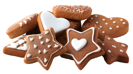 Assorted gingerbread cookies shaped like stars and hearts decorated with icing isolated on white background