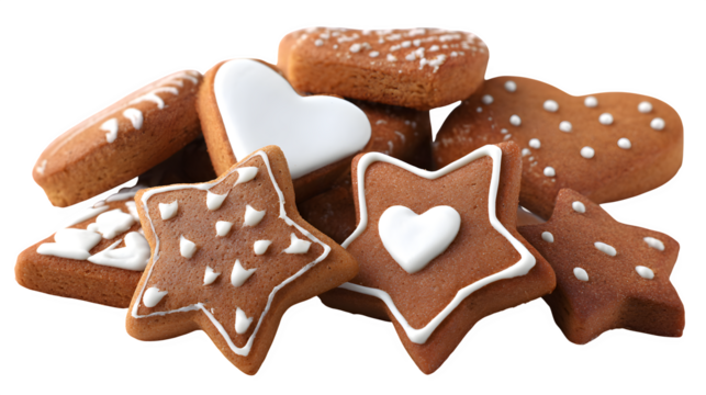 Assorted gingerbread cookies shaped like stars and hearts decorated with icing isolated on white background