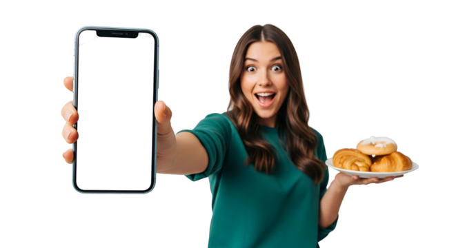 Excited Brunette Showing Blank Smartphone Screen with Croissants and Donut on Plate for Food Delivery App Advertisement Mockup showcasing tasty pastries and modern mobile technology for online - Powered by Adobe
