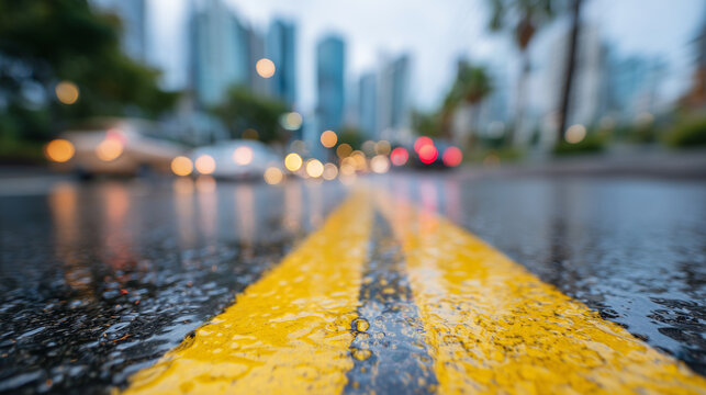 Wet city street in early morning, yellow lane divider reflecting soft sunrise light, puddles along road edges, cars in the distance blurred, conveying safe driving awareness - Powered by Adobe
