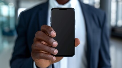 Businessman holding mobile phone on desk, symbolizing modern communication and connectivity